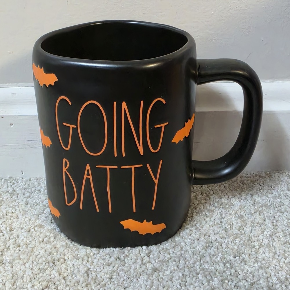 Rae Dunn GOING BATTY Halloween Mug Black Orange Bats Artisan Collection Magenta